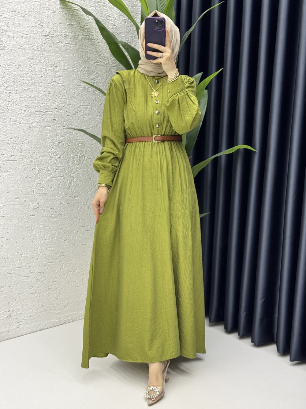 Vera Elbise Tesettür Giyim Yağ Yeşili