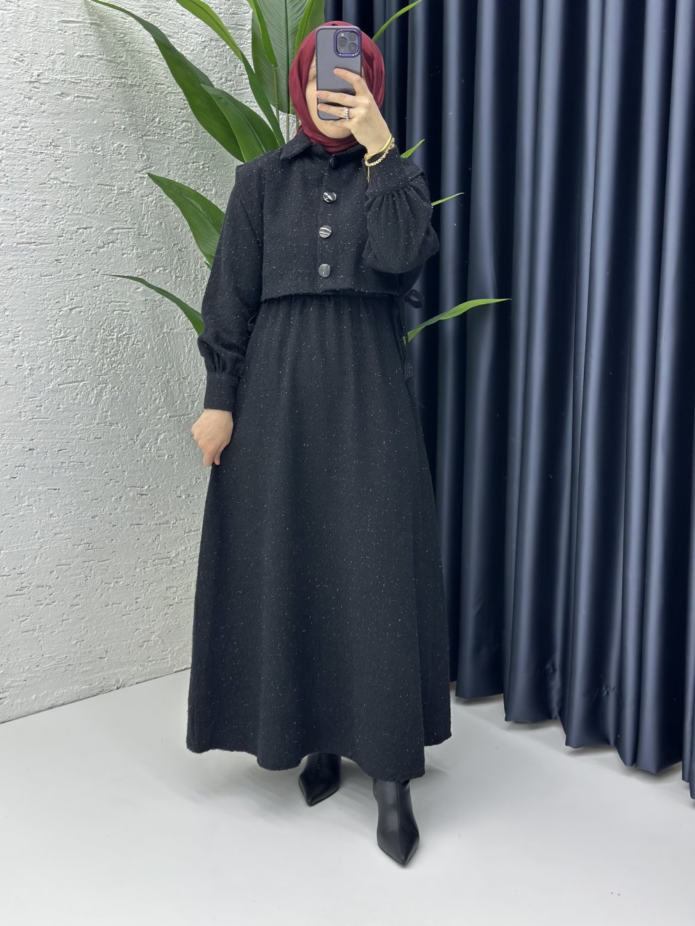 Yelekli Pırıl Elbise  Siyah
