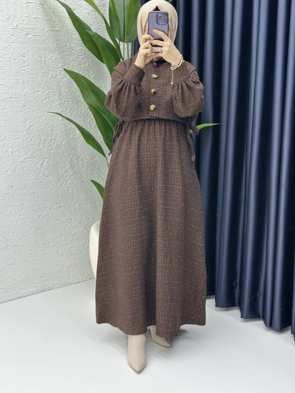 Yelekli Pırıl Elbise Kahverengi