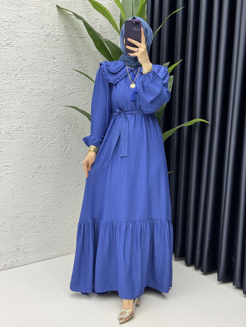 Beyzade Elbise Tesettür Giyim Saks Mavisi