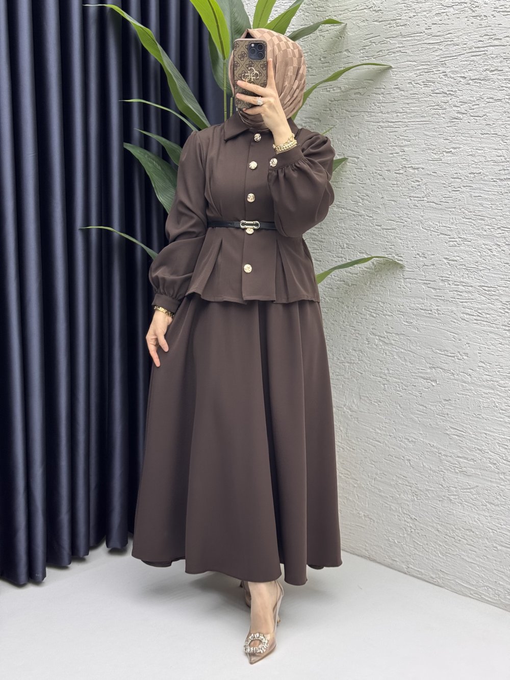 Bihter Etekli Takım Tesettür Giyim  Kahve