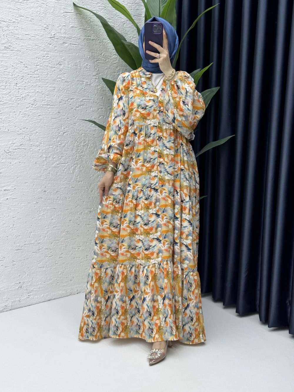 Çiçek Elbise Tesettür Giyim Oranj