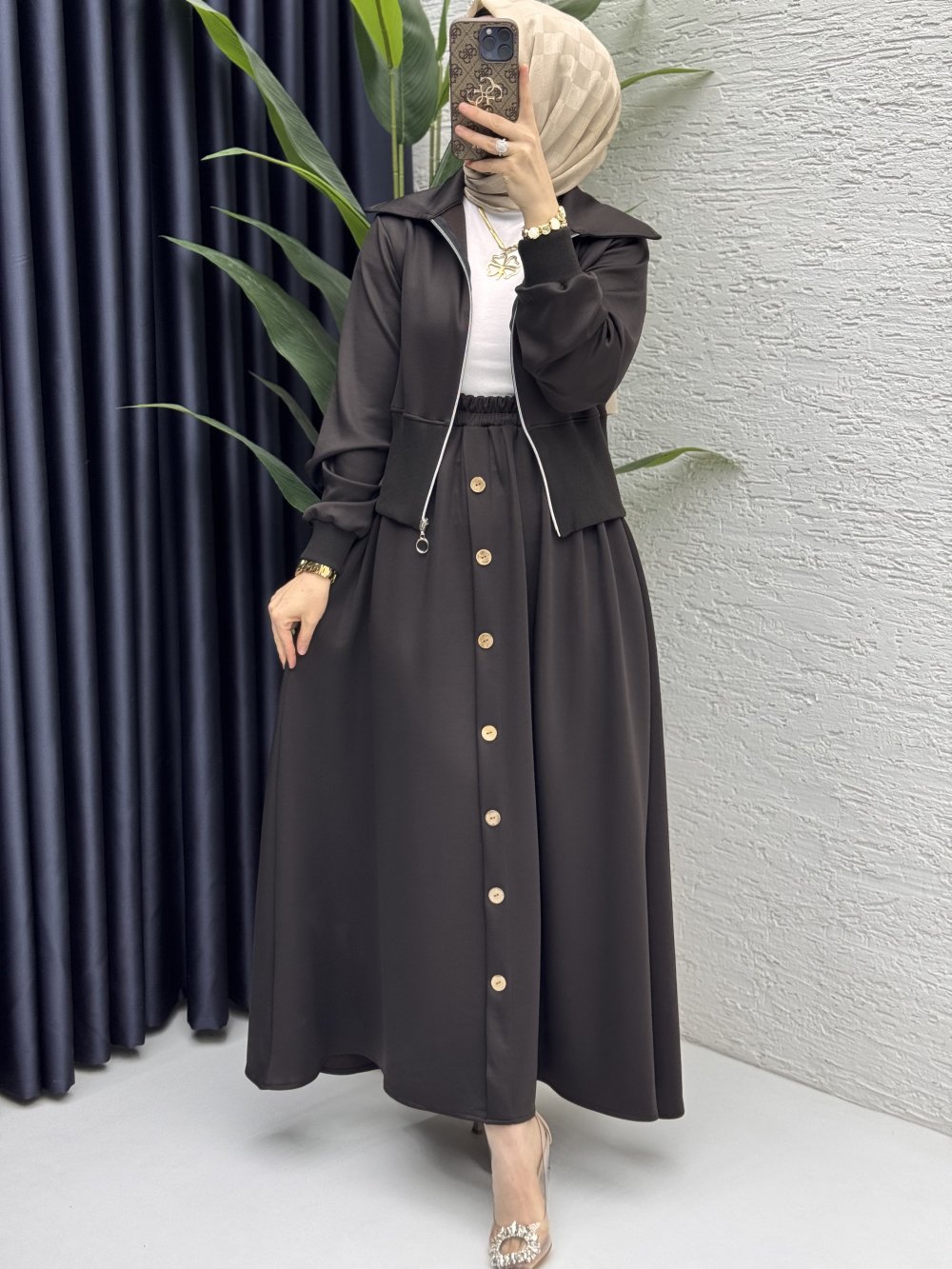 Dilruba Etekli Takım Tesettür Giyim  Acı Kahve