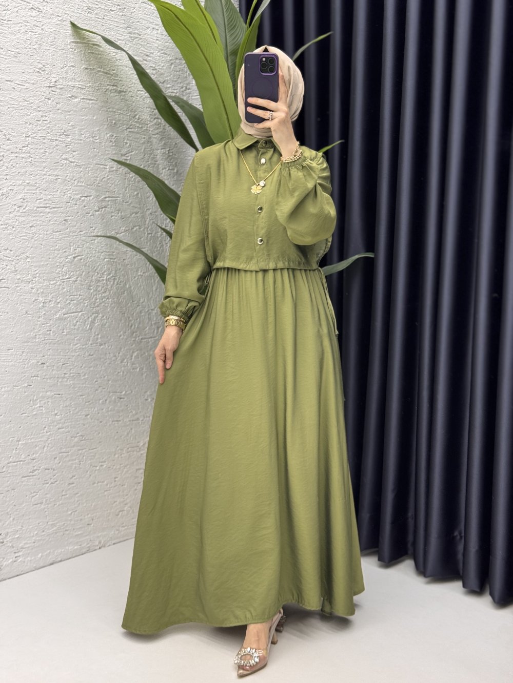 Ebrar Elbise Tesettür Giyim Yağ Yeşili