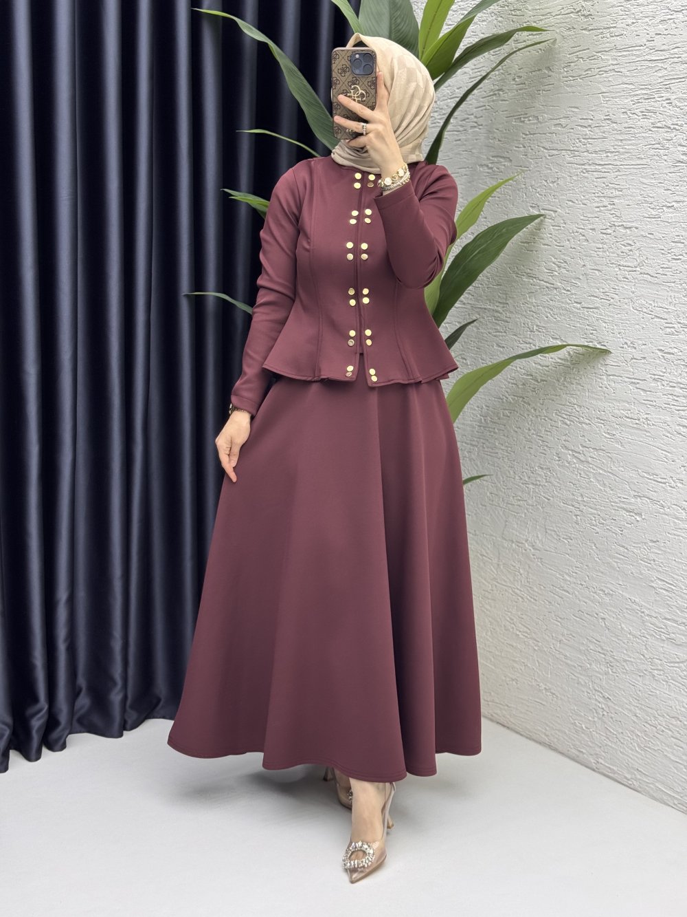 Eflal Etekli Takım Tesettür Giyim  Bordo