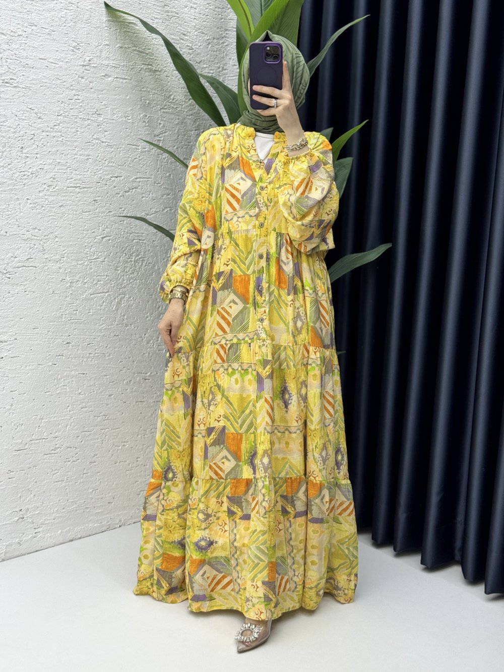 Etnik Elbise Tesettür Giyim Yağ Yeşili