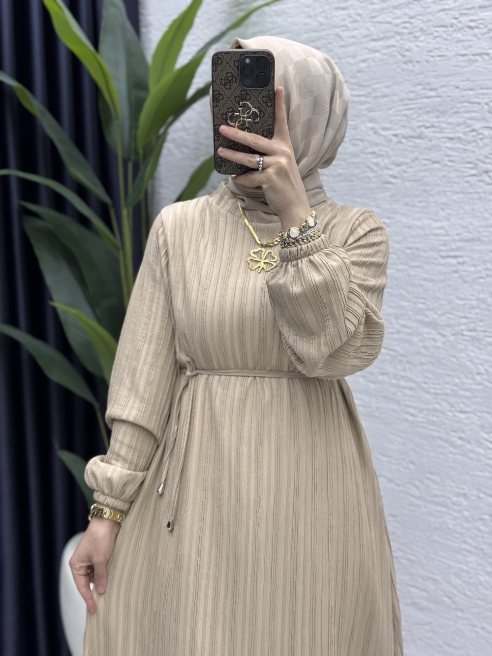 Hare Elbise Tesettür Giyim  Taş Rengi