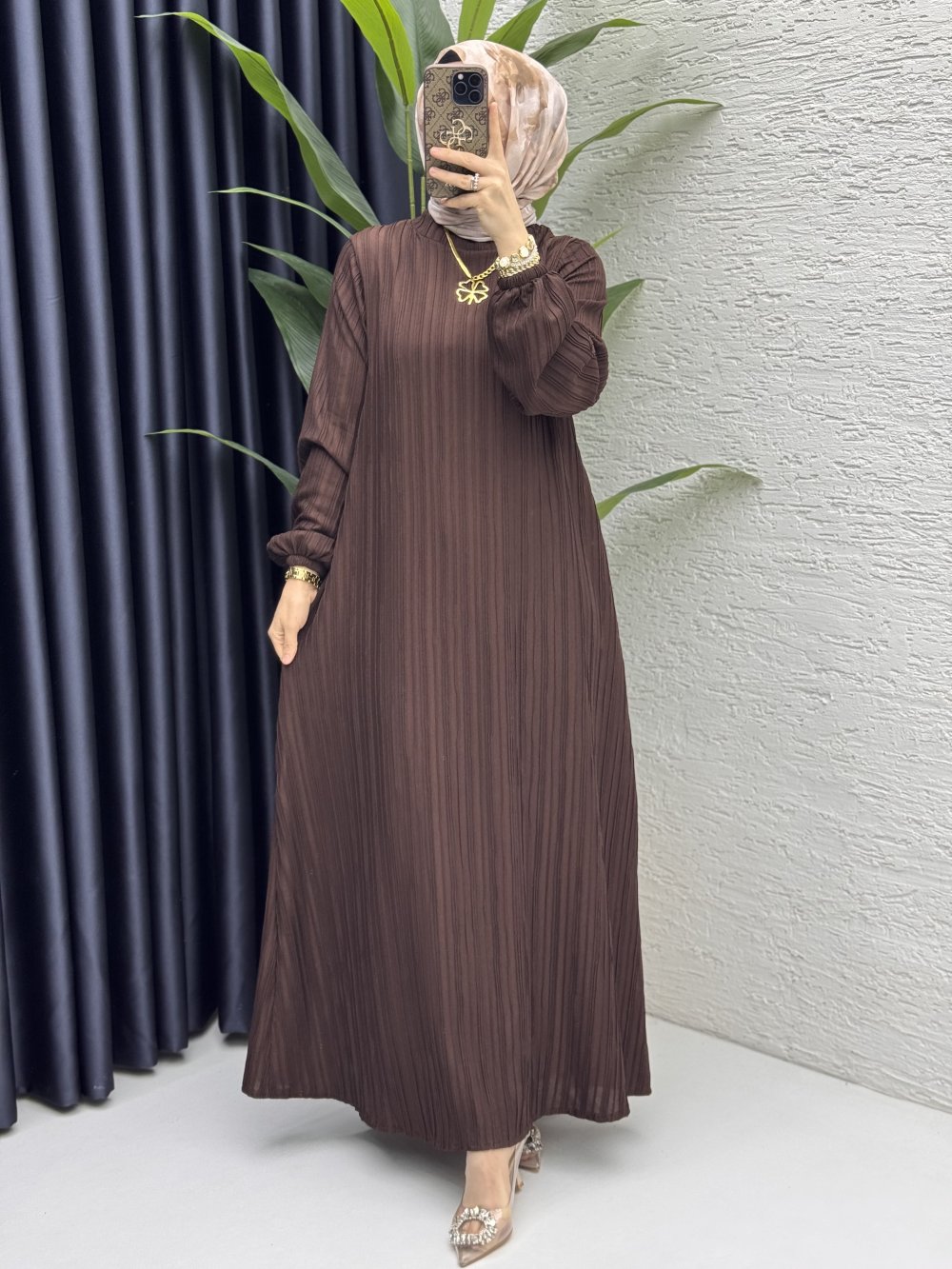Hare Elbise Tesettür Giyim  Kahverengi
