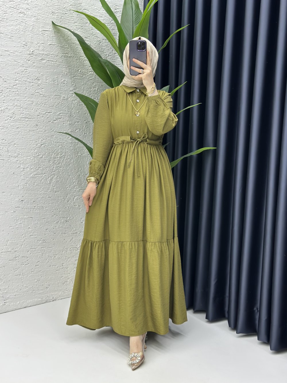 Hümeyra Tesettür Elbise Yağ Yeşili