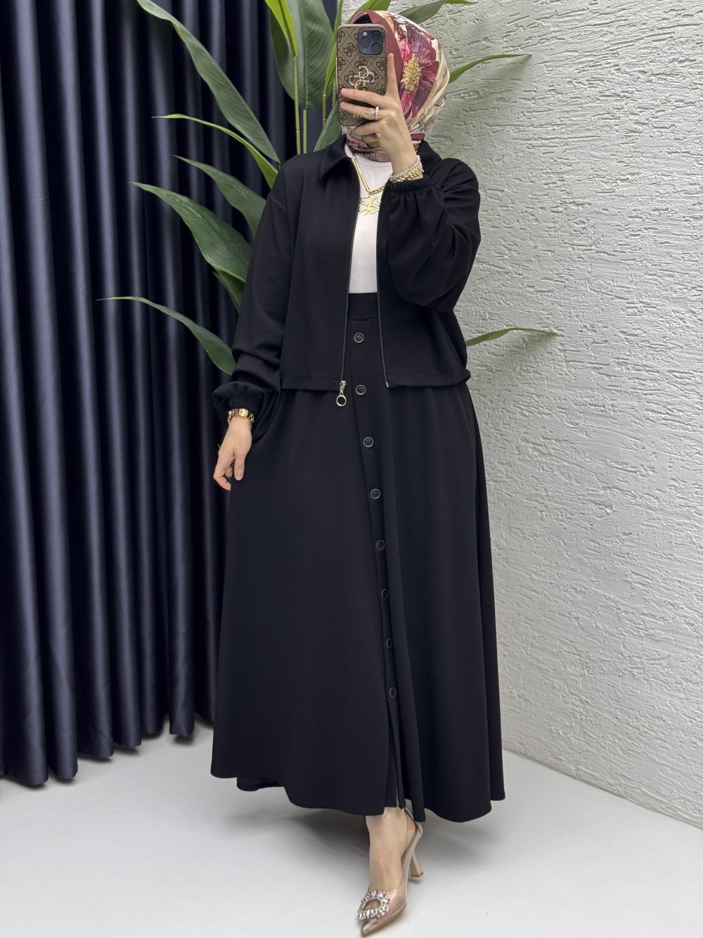 İlve Etekli Takım Tesettür Giyim  Siyah