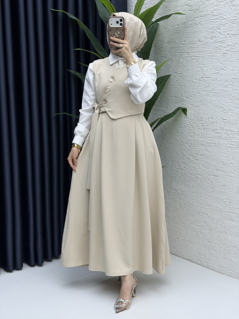 Lalezar Etekli Takım Tesettür Giyim  Taş Rengi