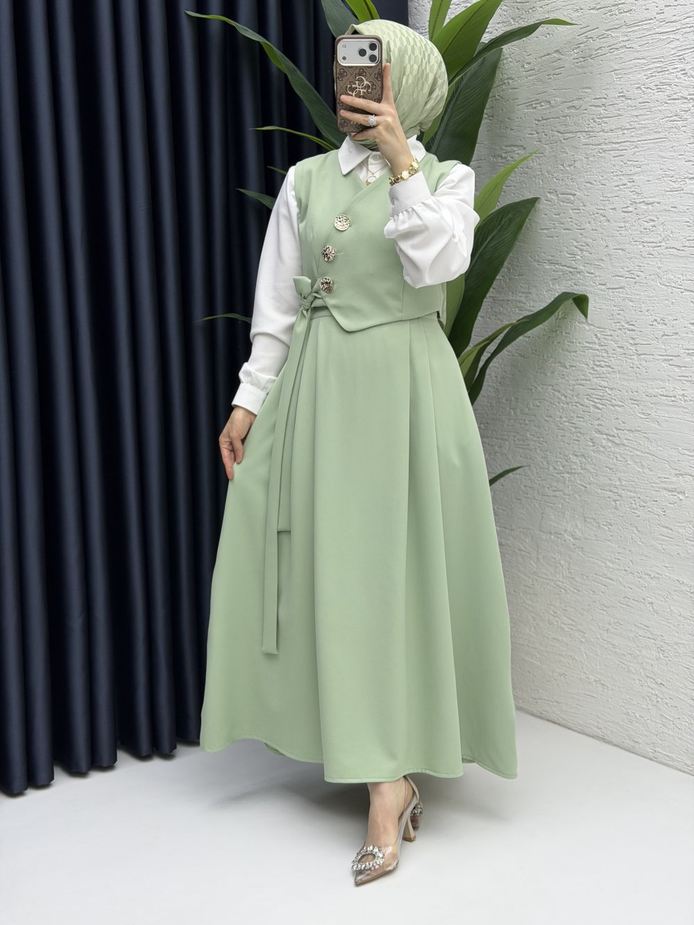 Lalezar Etekli Takım Tesettür Giyim  Çağla Yeşil