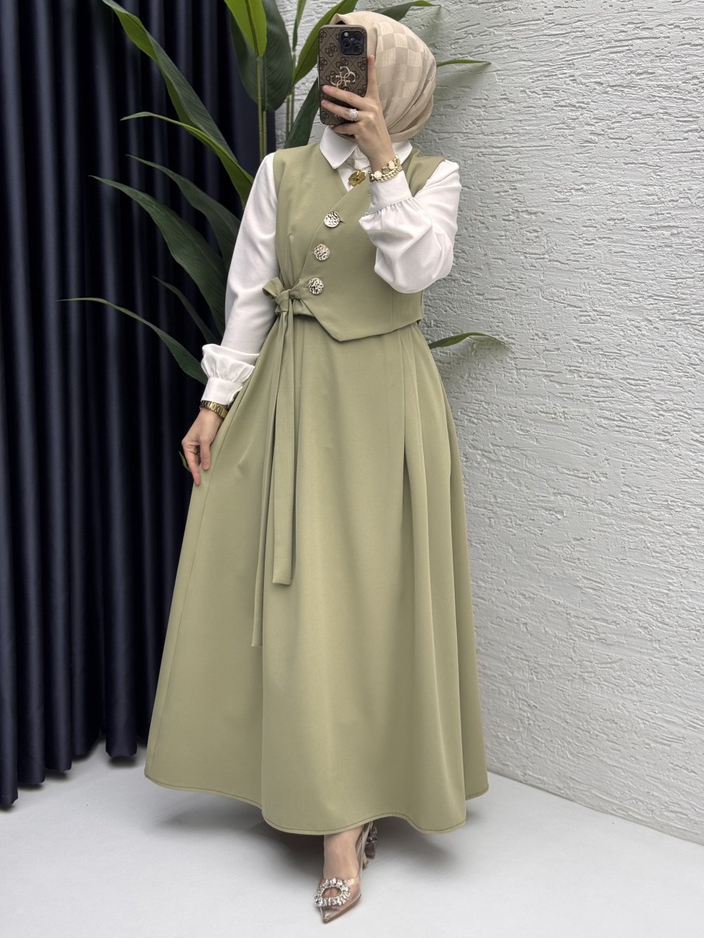 Lalezar Etekli Takım Tesettür Giyim  Açık Haki