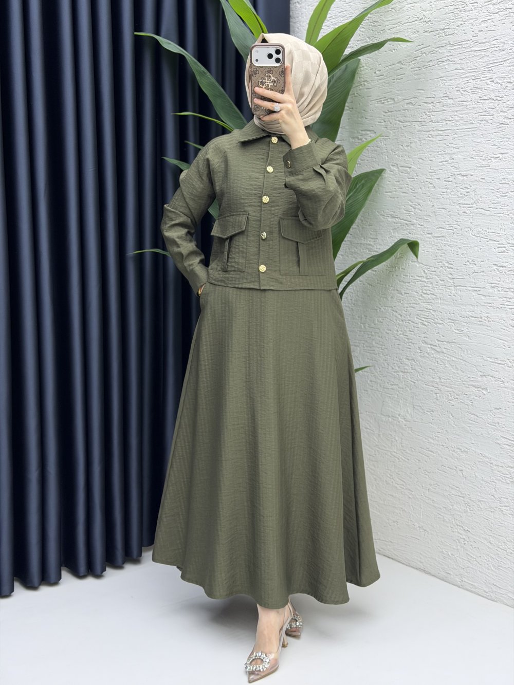 Laya Etekli Takım Tesettür Giyim  Haki