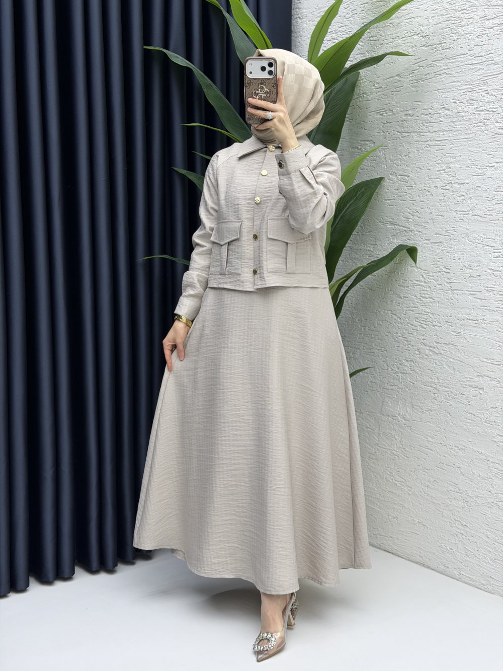 Laya Etekli Takım Tesettür Giyim  Taş Rengi