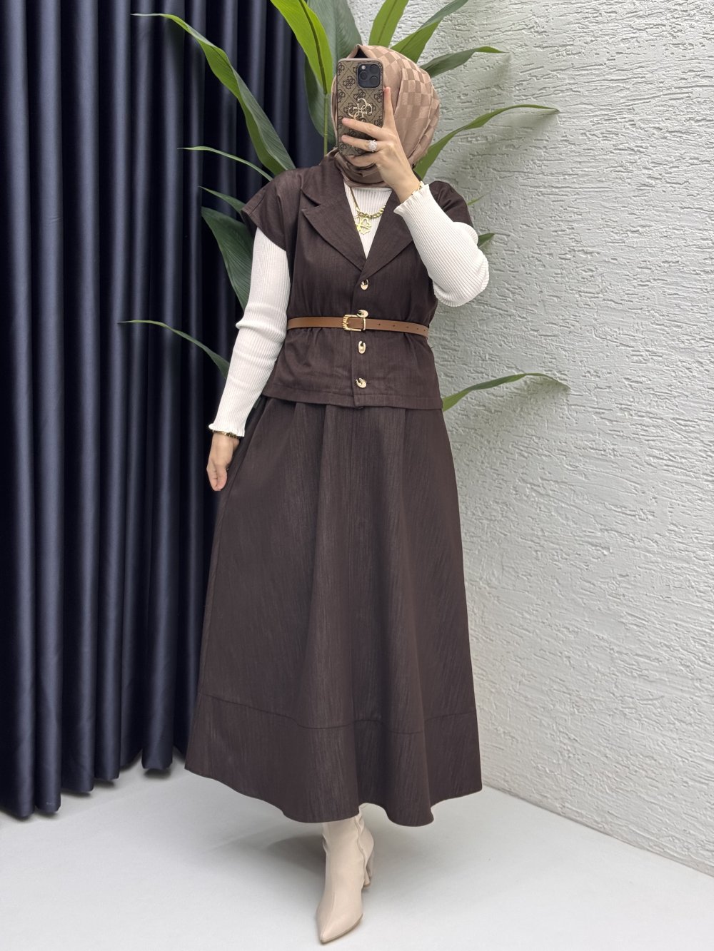 Limra Etekli Takım Tesettür Giyim  Kahverengi