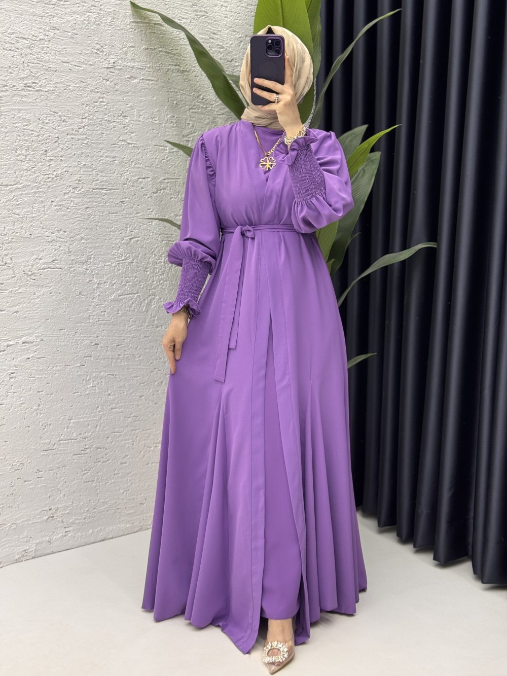 Mihra Abaya Takım Tesettür Giyim Lila