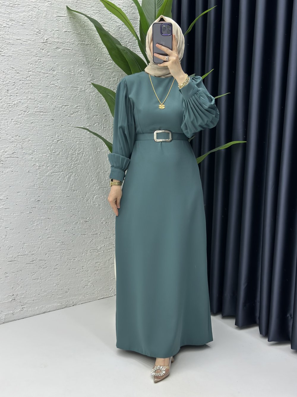 Narin Tesettür Elbise Zümrüt