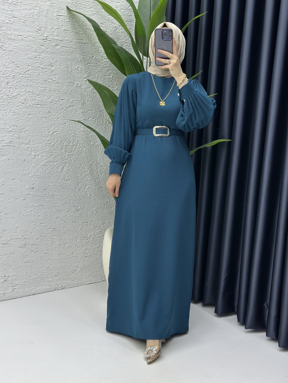 Narin Tesettür Elbise Petrol Yeşili