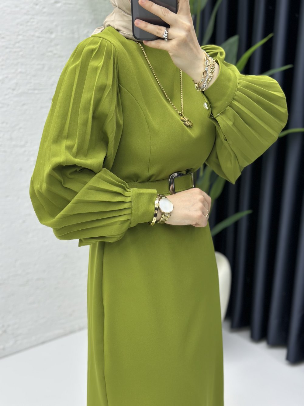 Narin Tesettür Elbise Yağ Yeşili