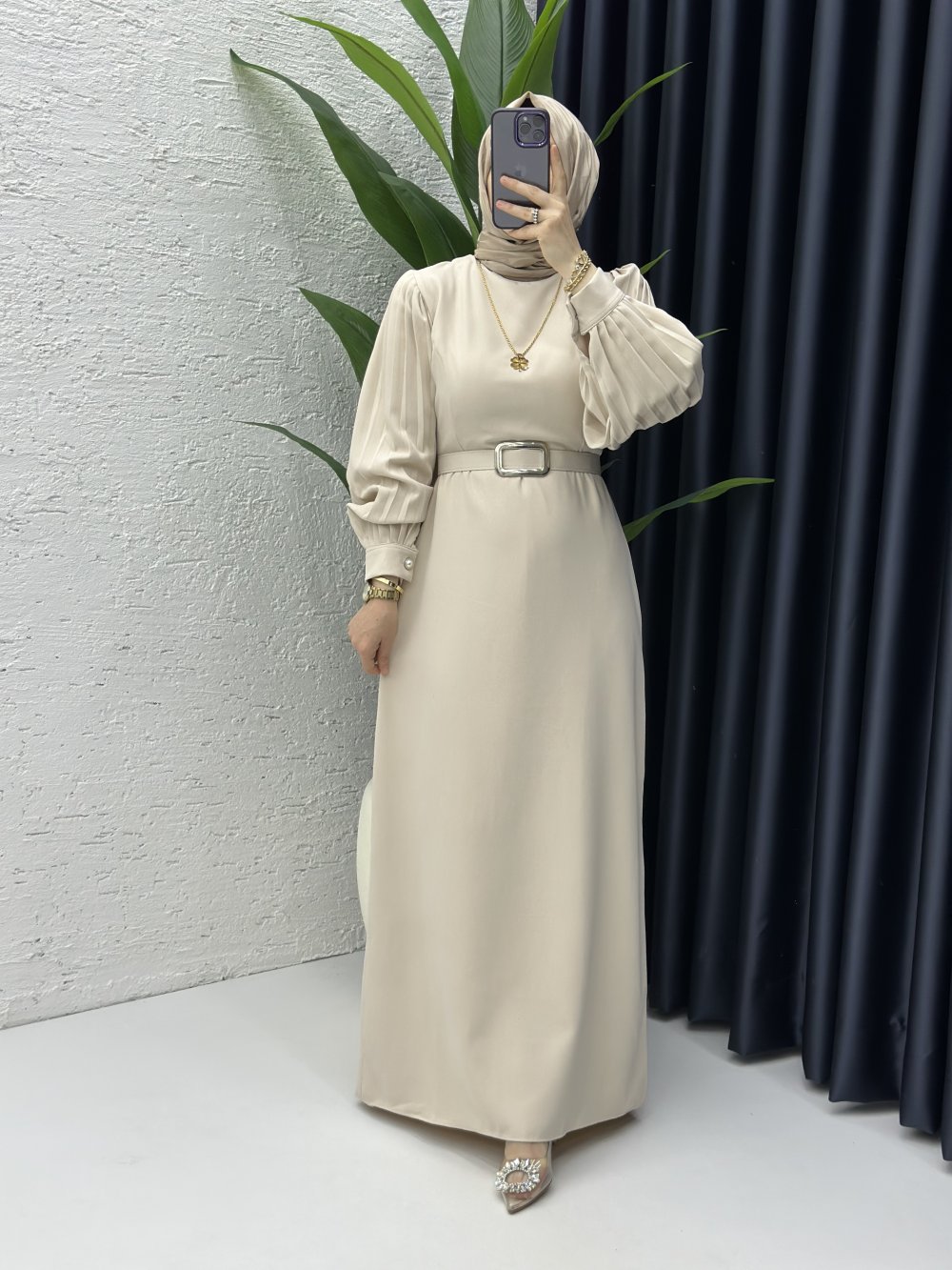 Narin Tesettür Elbise Taş Rengi