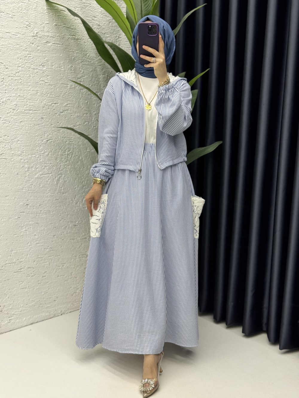 Nisa Etekli Takım Tesettür Giyim Mavi