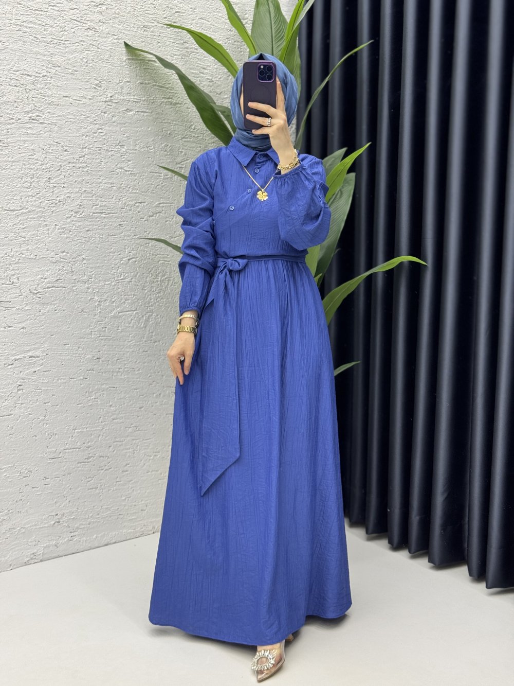 Öykü Elbise Tesettür Giyim Saks Mavisi