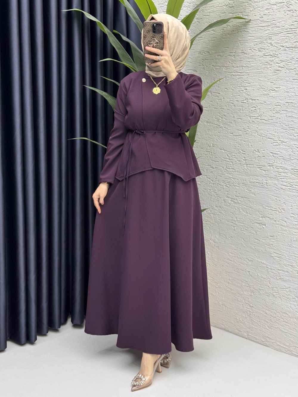 Pera Etekli Takım Tesettür Giyim  Mürdüm