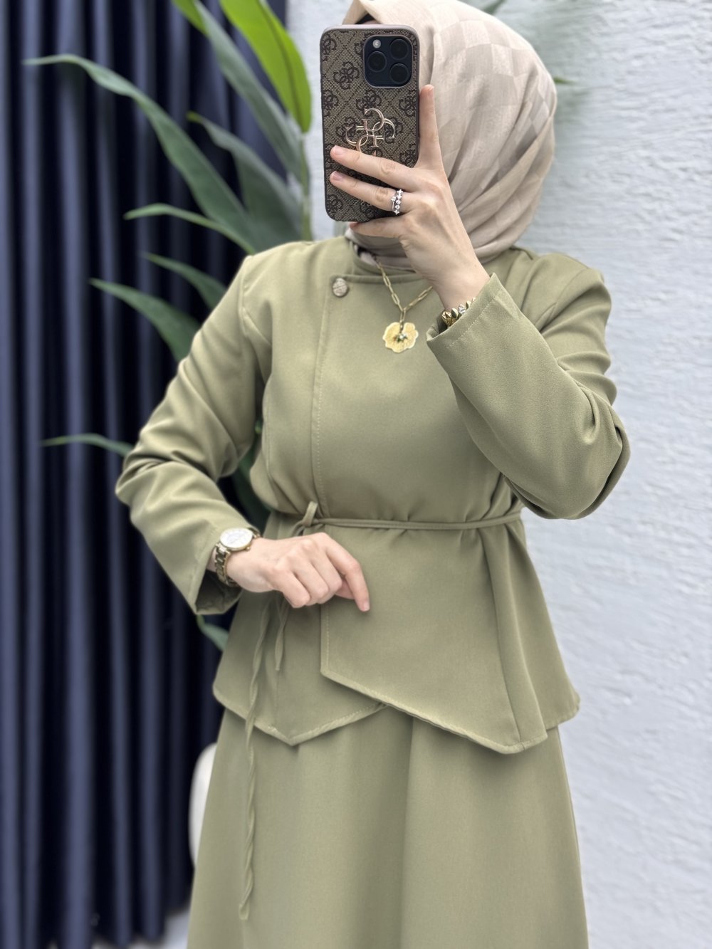 Pera Etekli Takım Tesettür Giyim  Açık Haki