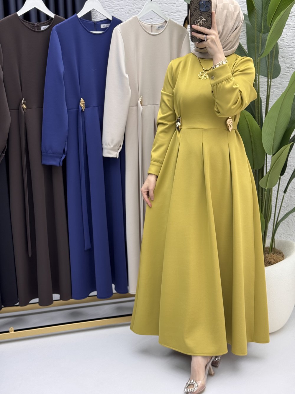 Piraye Elbise Tesettür Giyim Yağ Yeşili