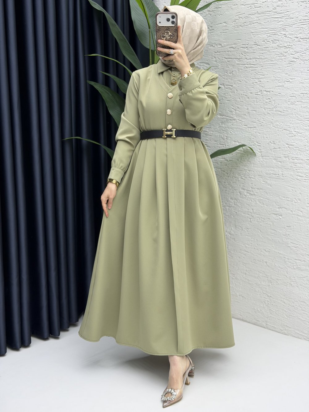 Reyyan Elbise Tesettür Giyim Açık Haki