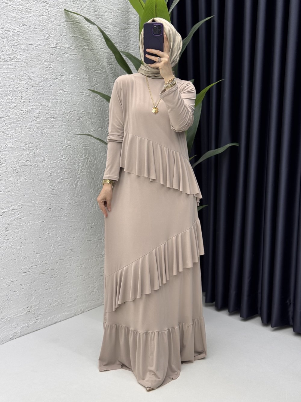 Sahra Elbise Tesettür Giyim Taş Rengi