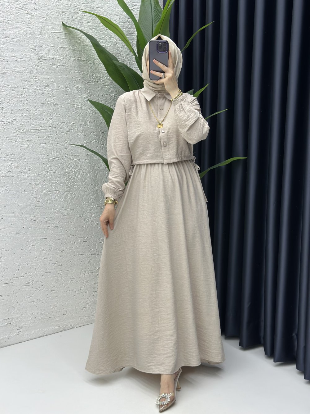 Sedef Tesettür Elbise Taş Rengi