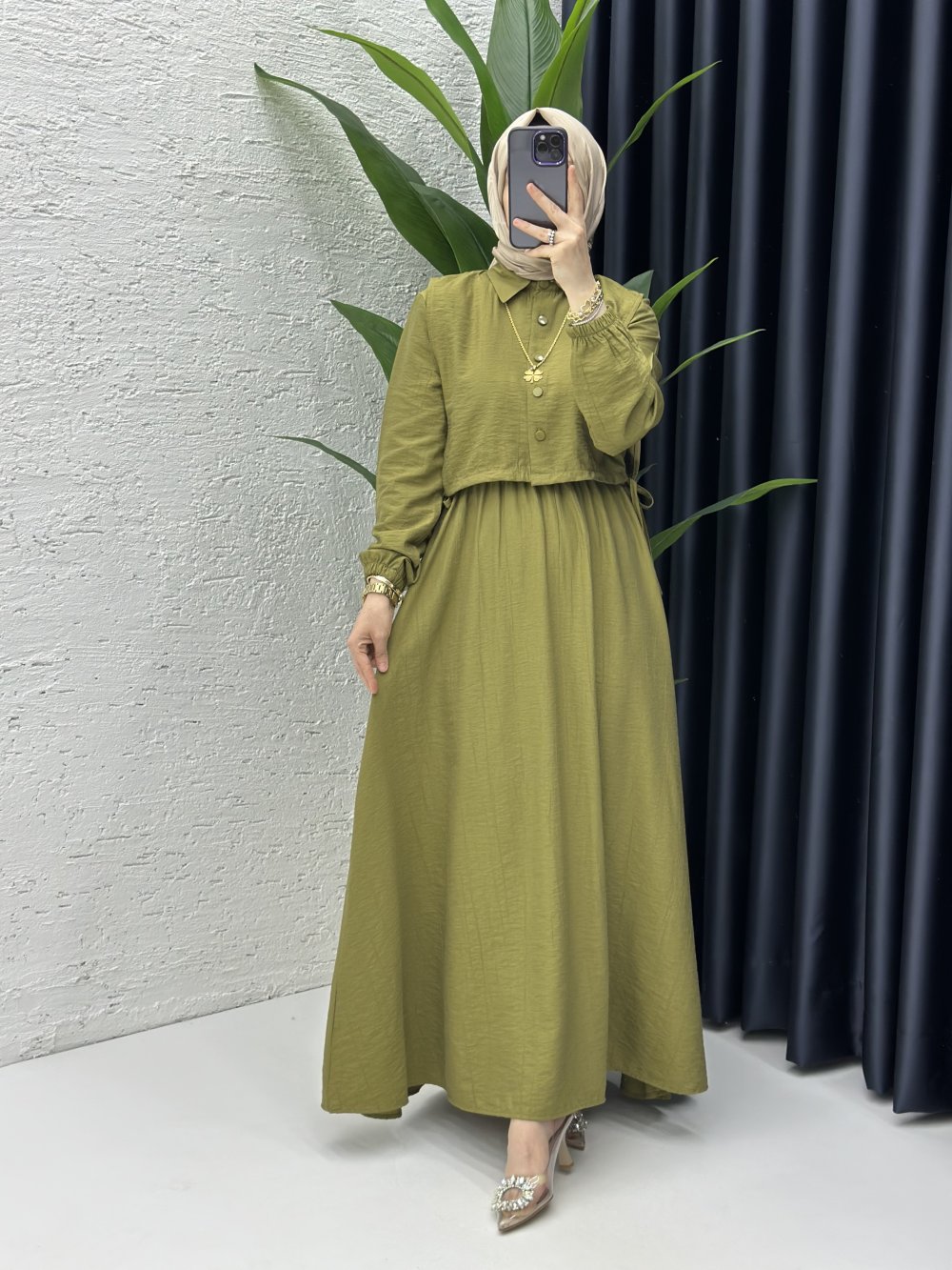 Sedef Elbise Tesettür Giyim Yağ Yeşili