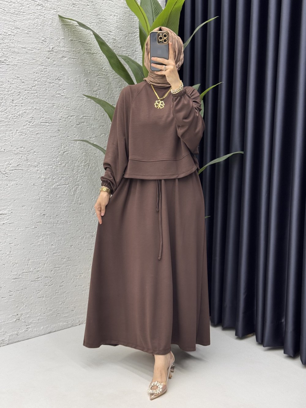 Sezin Etekli Takım Tesettür Giyim Kahverengi