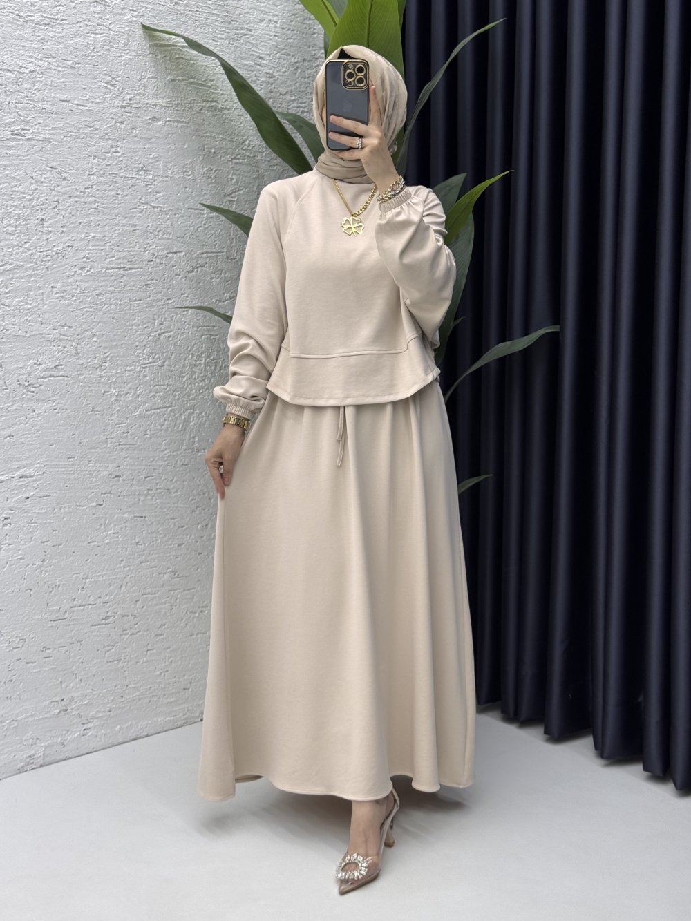 Sezin Etekli Takım Tesettür Giyim  Taş Rengi