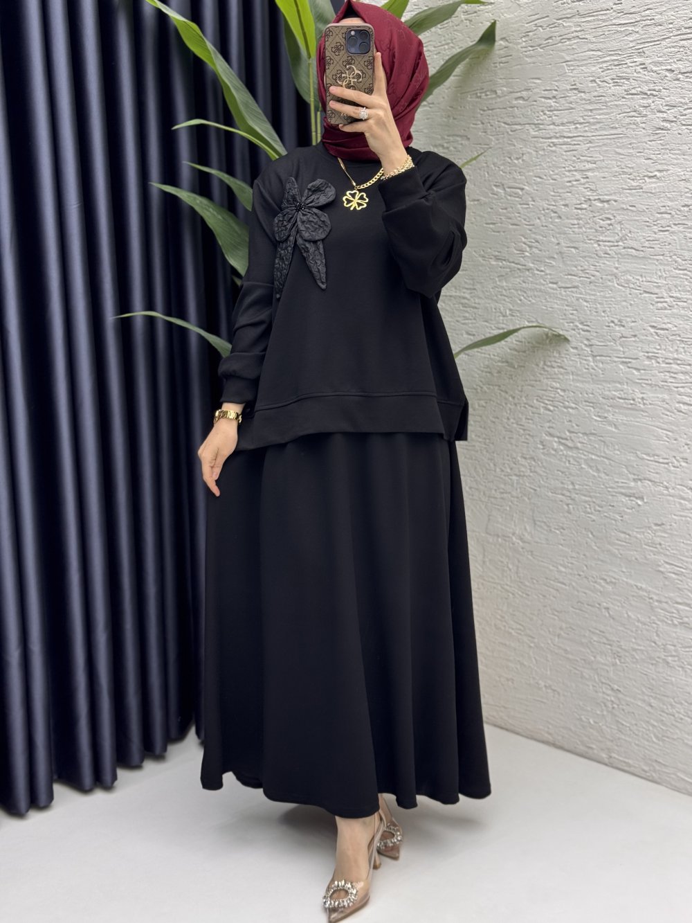 Simla Etekli Takım Tesettür Giyim  Siyah