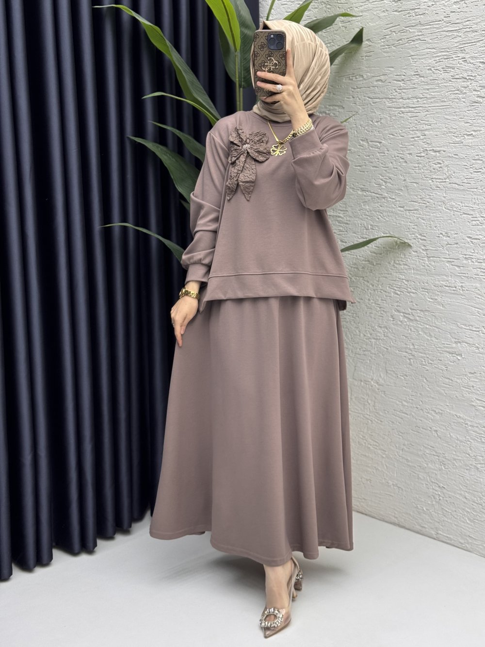 Simla Etekli Takım Tesettür Giyim  Vizon