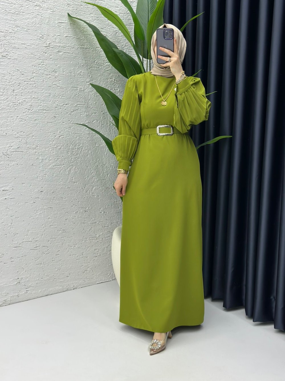 Yağ Yeşili Narin Elbise Tesettür Giyim