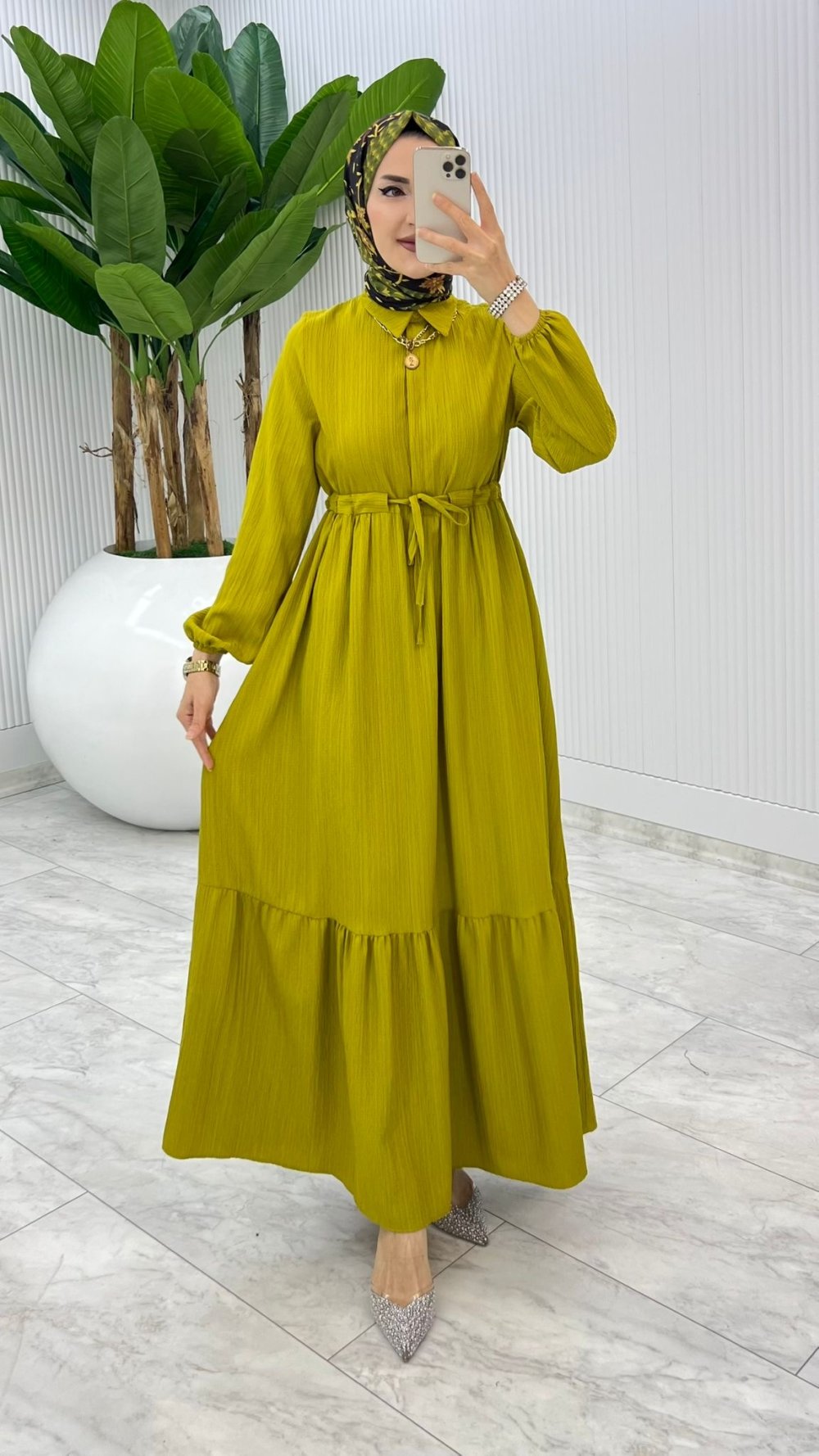 Yağ Yeşili Sehya Elbise Tesettür Giyim