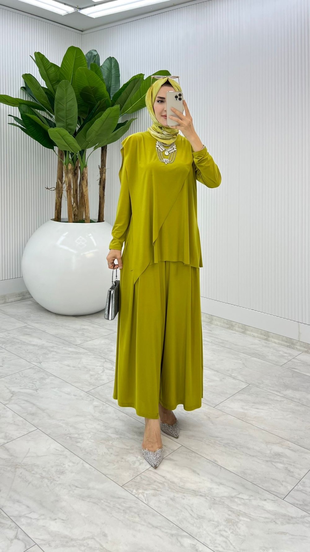 Yağ Yeşil Asimetrik Takım Tesettür Giyim
