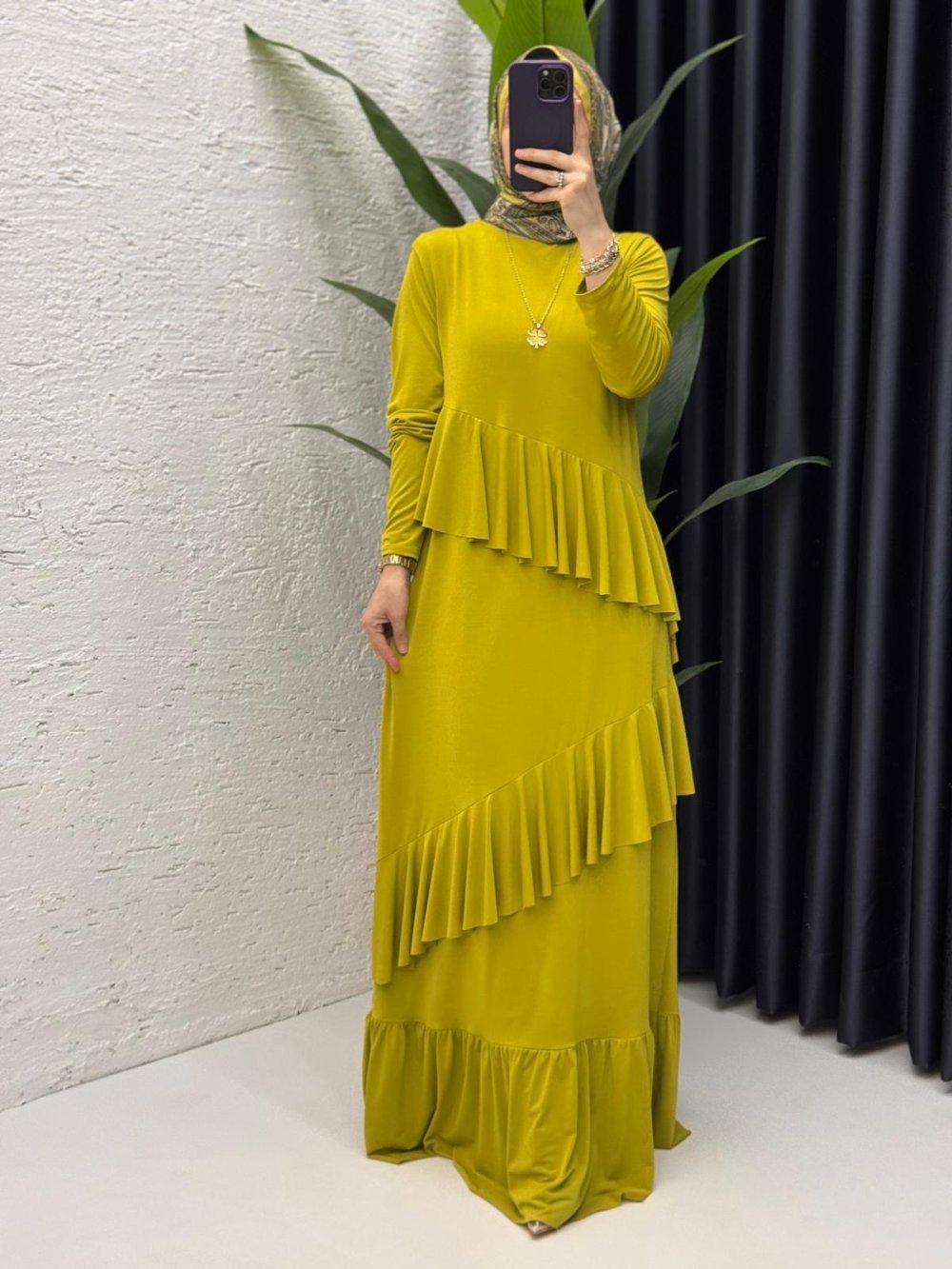 Yağ Yeşili Duru Elbise Tesettür Giyim