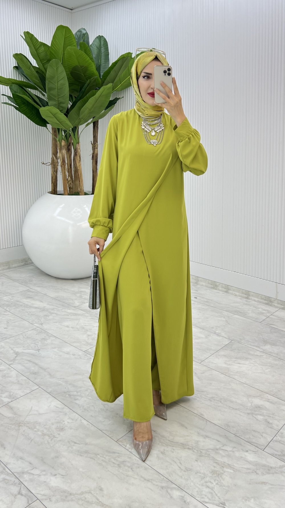 Yağ Yeşili Ahum Tasarım Takım Tesettür Giyim