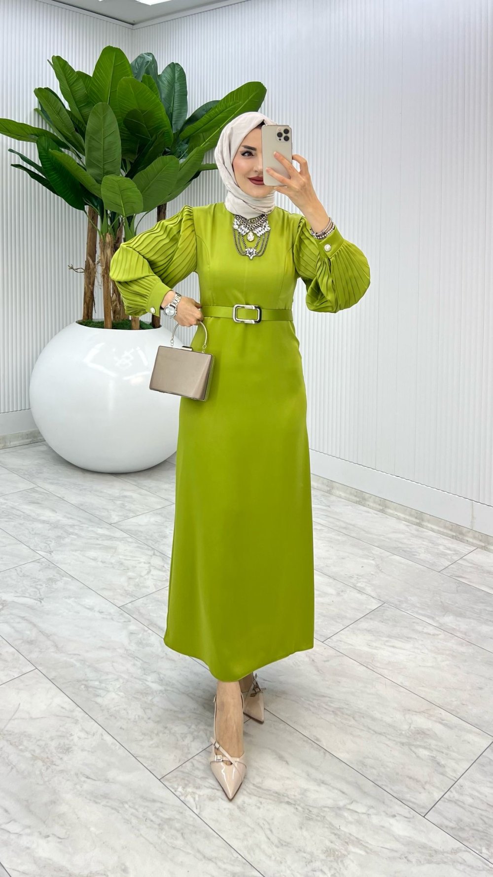 Yağ Yeşil Belçim Elbise Tesettür Giyim