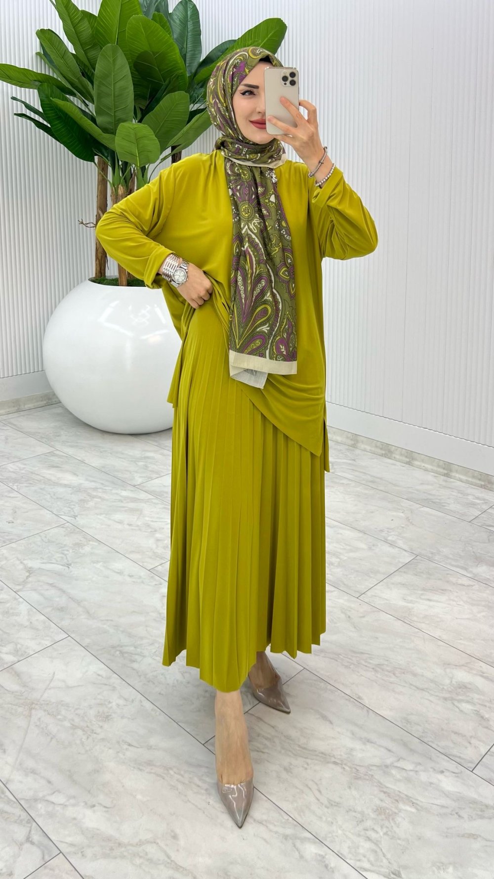 Yağ Yeşil Şermin Etek Takım Tesettür Giyim