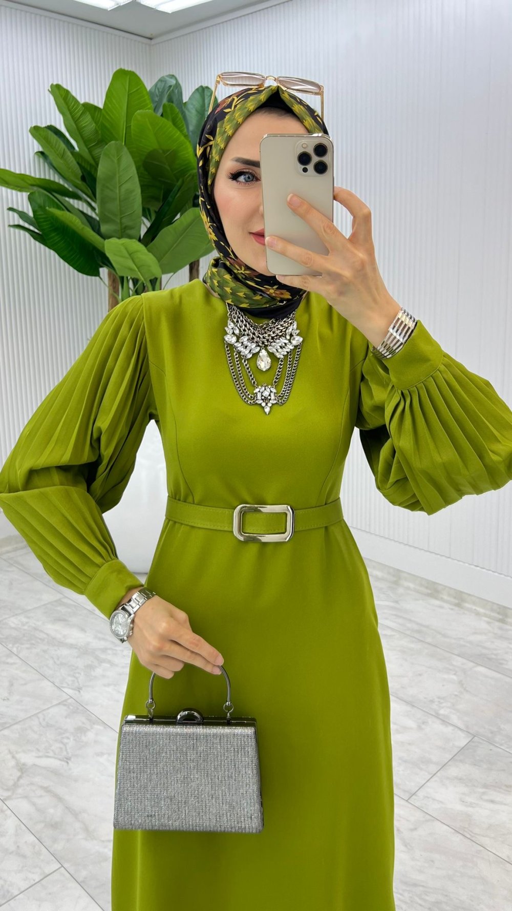 Yağ yeşili Kalem Elbise Tesettür Giyim