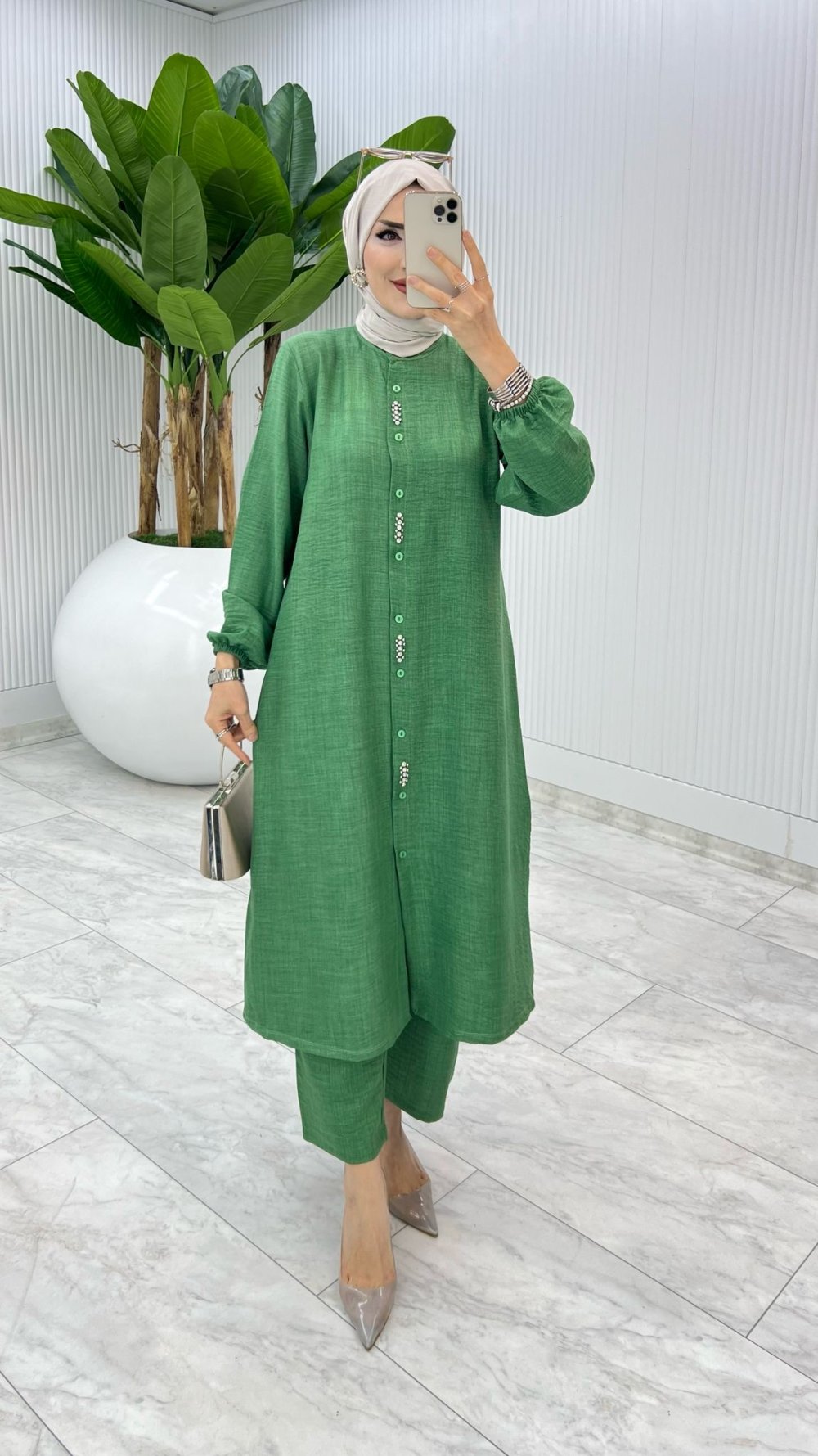 Yeşil İpek Takım Tesettür Giyim