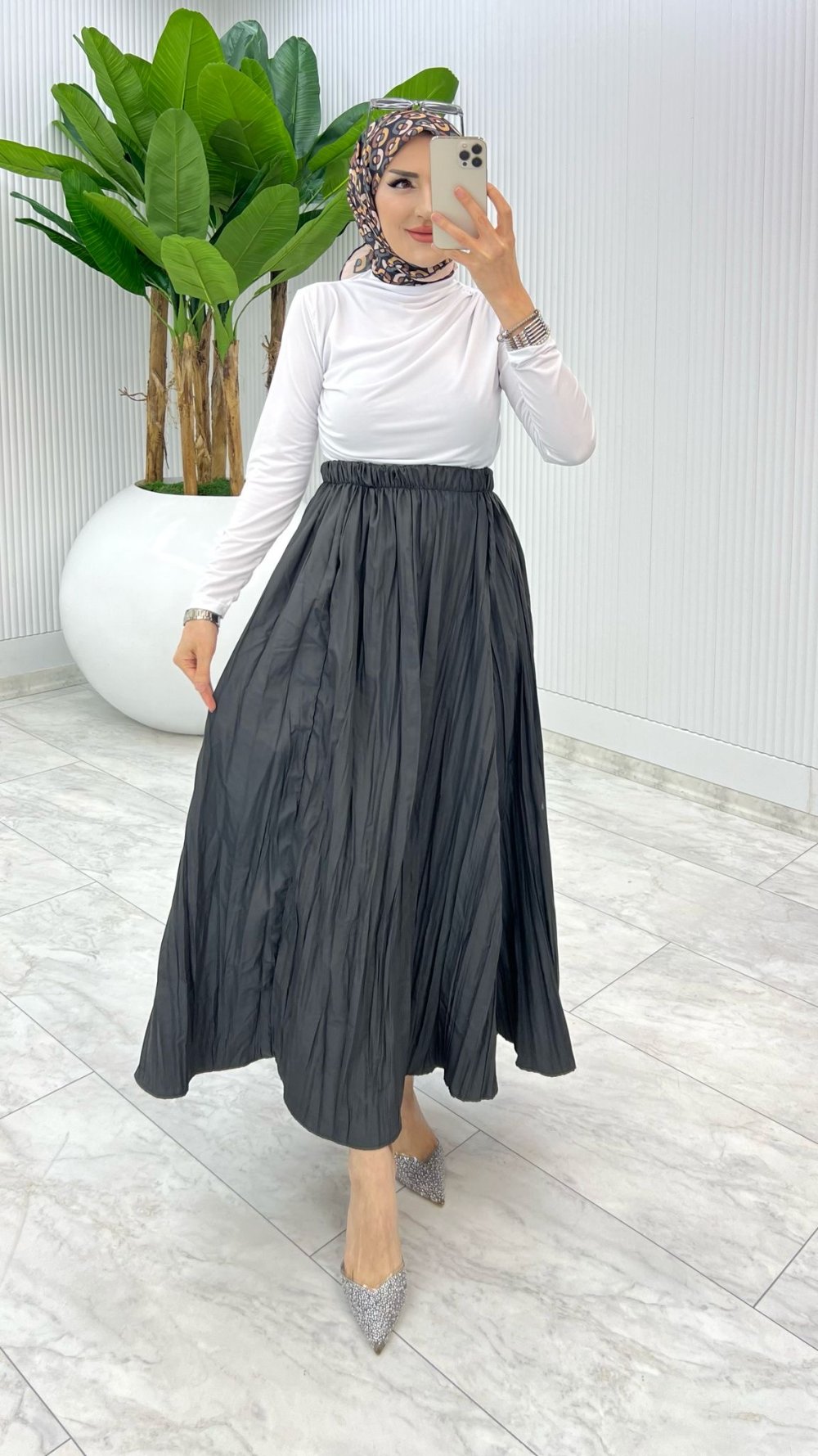 Beyaz-Gri Tek Sadece Etek Tesettür Giyim