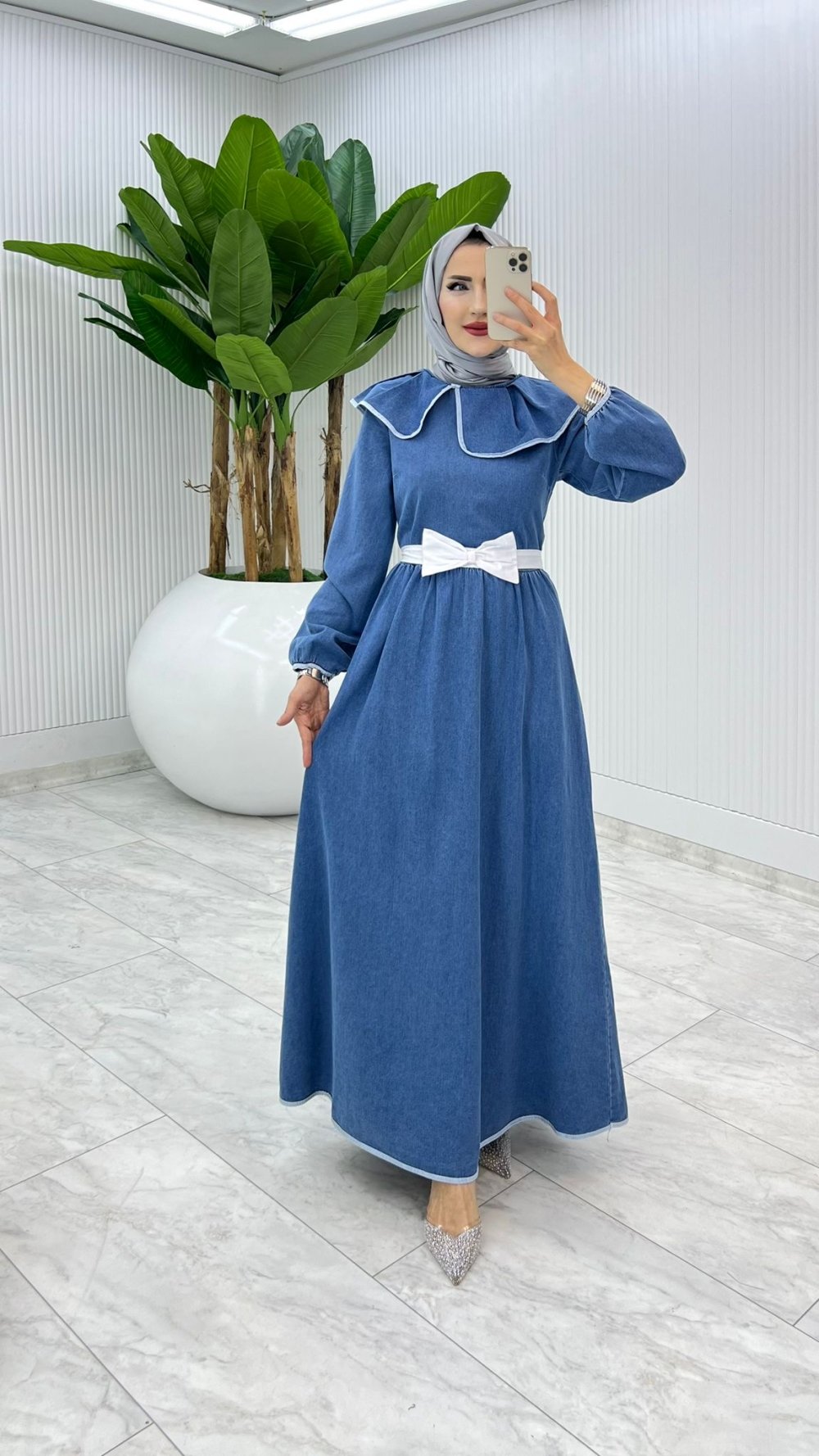 Beyaz Premium Fiyonklu Kot Elbise Tesettür Giyim