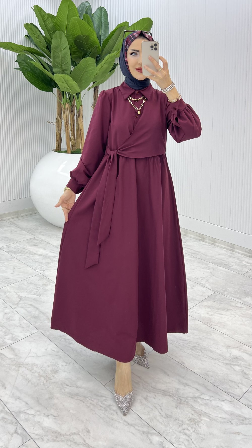 Bordo Bağlamalı Elbise Tesettür Giyim